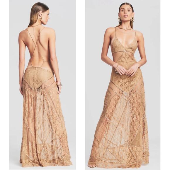 Retrofete Gianni Sequin Beaded Embellished Sheer Lace Champagne Maxi Dress Sz S - Picture 1 of 12
